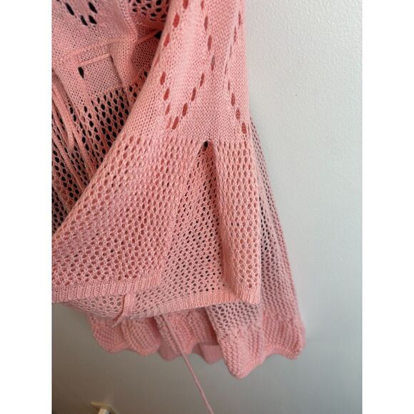 Vintage Pink Crocheted Dress Bell Sleeves Drawstring Waist One Size - Picture 3 of 5